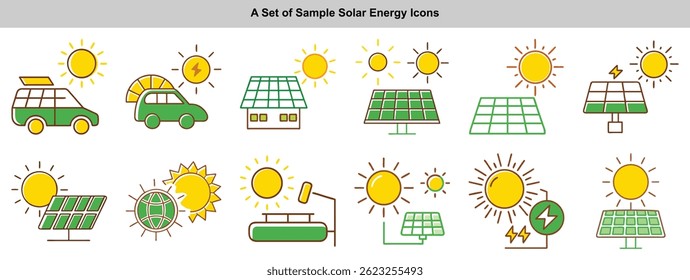 Collection of solar energy icons featuring cars, houses, panels, suns, a globe, and electricity symbols, all in a vibrant, outlined style on a white background.