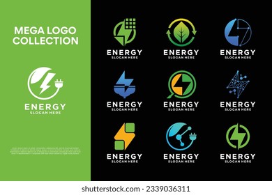 Collection of solar energy logo design with lightning. environmentally friendly solar energy