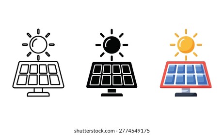 A collection of solar panel designs including outline, filled icon, and flat color illustration, symbolizing renewable energy. Ideal for concepts related to sustainability, technology, and eco-friendly power.