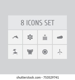 Collection Of Solar Panel, Overcast, Grampu And Other Elements.  Set Of 8 Natural Icons Set. 