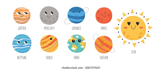 Collection of solar system planets. Cute hand drawn vector illustration for children.