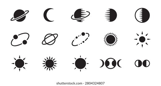 Collection of solar system planets, moon, and sun vector icons, representing astronomy and celestial bodies.