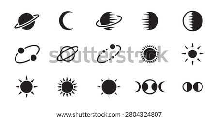 Collection of solar system planets, moon, and sun vector icons, representing astronomy and celestial bodies.