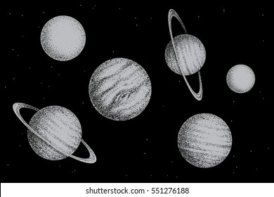 Collection of solar system planets.Dotwork.Engraving style.Vector illustratin