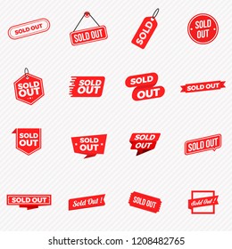 Collection of Sold out banners, labels, stamps, and signs