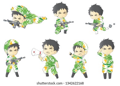 Collection of soldier with different emotions. Flat cartoon characters. Colored vector illustration.