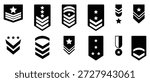 Collection of soldier sergeant icons. Containing as major, officer, military stripes, emblems, lieutenant, soldier sergeant, colonel emblem and more. Military rank badge icon of black silhouettes. Vector illustration.