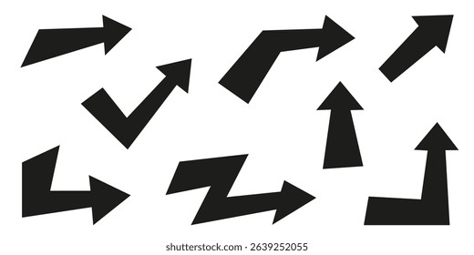 Collection of solid black arrows in different directions, vector illustration on isolated background.