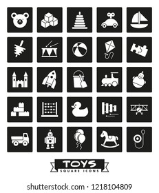 Collection of solid black childrens toys icons, negative in rounded squares