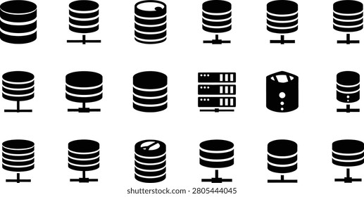 A collection of solid black database and server storage icons featuring various network and data cylinder designs. Ideal for IT infrastructure, cloud computing, and data management interface projects.