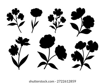 Collection of solid black floral silhouettes featuring various garden flowers and leaf stems.