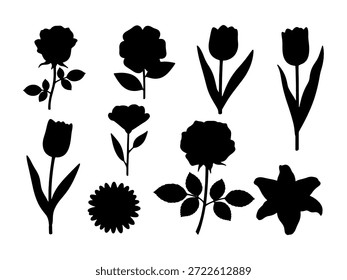 Colección de siluetas florales negras sólidas que incluyen rosas, tulipanes y margaritas en blanco