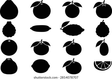 A collection of solid black fruit silhouette icons featuring a variety of fresh fruits in a clean, minimal vector style. Ideal for food branding, packaging, menus, agricultural graphics, healthy lifestyle designs, and infographic projects.