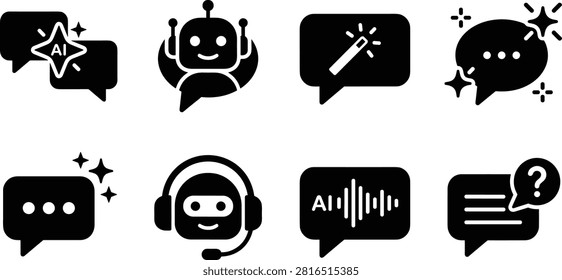 A collection of solid black glyph icons depicting artificial intelligence chatbots, smart virtual assistants, magic wand prompt bubbles, voice message AI, customer support bots, and interactive messaging features. Ideal for modern chat app UI design, customer support software, website chatbots, and AI assistant interfaces.