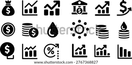 A collection of solid black glyph icons representing finance, economics, investment, growth, and market trends.