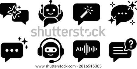 A collection of solid black glyph icons depicting artificial intelligence chatbots, smart virtual assistants, magic wand prompt bubbles, voice message AI, customer support bots, and interactive messaging features. Ideal for modern chat app UI design, customer support software, website chatbots, and AI assistant interfaces.