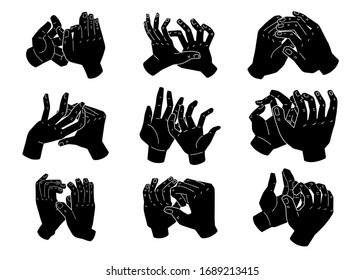 Collection of solid black hands illustrations. Single color detailed silhouettes. Isolated on white background. Soap, sanitizer, cream package design elements.