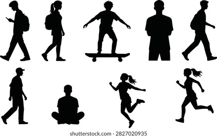 A collection of solid black human silhouettes depicting diverse active and everyday poses, including walking, skateboarding, running, dancing, and meditation. Ideal for fitness concepts, lifestyle graphics, sports illustrations, activity icons, signage, infographics, and commercial vector design.