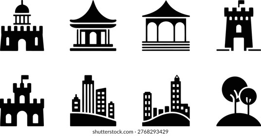 A collection of solid black icons depicting diverse buildings, castles, towers, and cityscapes in a minimalist style.