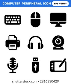 A collection of solid black icons representing various computer peripherals and digital devices, including a keyboard, mouse, monitor, printer, headphones, webcam, microphone, USB drive, and graphics tablet.