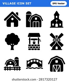 A collection of solid black icons representing various elements commonly found in a village or rural setting, including houses, barns, churches, trees, wells, windmills, and bridges.