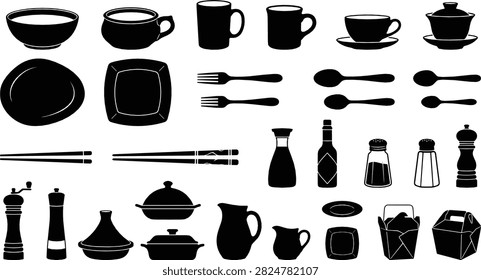 A collection of solid black kitchen and dining utensil silhouettes featuring cups, plates, bowls, cutlery, pitchers, shakers, and serving containers. Ideal for restaurant menus, culinary branding, food packaging, recipe graphics, and decorative designs.
