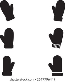 Collection of solid black Mittens on white background