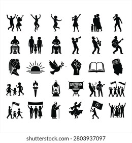 A collection of solid black silhouette vector icons commemorating Juneteenth and African American culture, as seen in image
. This set highlights community festivities and historic freedom symbols, featuring dancing figures, singers, families, djembe drummers, musicians playing the trumpet, saxophone, and guitar, an African woman profile, a sunrise, a peace dove, a raised fist, a history book, an African man profile wearing a Kufi, a barbecue grill, and people proudly parading with banners and flags.