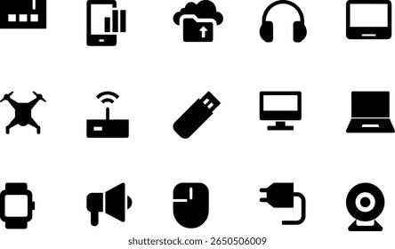 A collection of solid black vector icons representing various electronic devices and gadgets