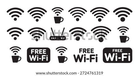 Collection of solid black wifi symbols integrated with hot drink cups and explicit free internet service labeling