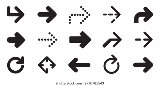 Collection of solid and dotted arrow icons with circular motion paths