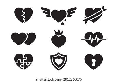 Collection of solid heart shapes featuring broken winged bleeding arrow paired crowned pulse and lock.