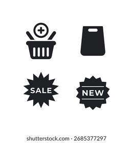 Collection of solid icons for a basket, shopping bag, sale, and new badge.