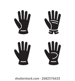 Una colección de iconos sólidos que representan guantes de cuero, presentados individualmente aislados sobre un fondo blanco limpio para un uso de diseño versátil.