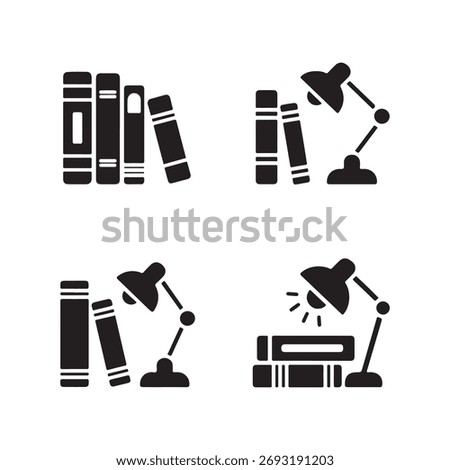 A collection of solid icons featuring books and a lamp, presented in a clean, isolated setup on a white background.