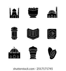 Collection of solid icons of Ramadan elements. glyph hand drawn style. isolated illustration