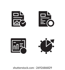 A collection of solid icons representing data and reporting concepts, presented as a single graphic isolated on a white background.