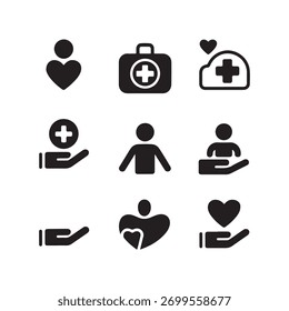 A collection of solid icons representing first aid and community help, presented isolated on a clean white background.