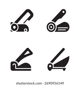 Uma coleção de ícones sólidos representando aparadores de papel, apresentados isolados individualmente em um fundo branco limpo.