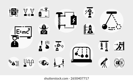 Coleção de ícones sólidos representando física, mecânica, energia, pêndulos, ferramentas de laboratório e experimentos científicos em estilo plano.