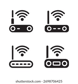 Una colección de iconos sólidos que representan los dispositivos de puntos de acceso WiFi, presentados en un formato limpio y aislado sobre un fondo blanco.