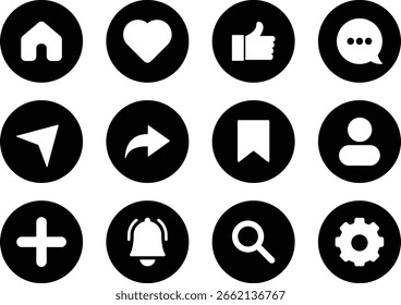 Colección de sólido icono de medios sociales con círculo negro en color blanco