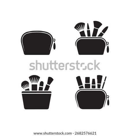 A collection of solid style icons representing a makeup pouch, presented clearly isolated on a white background.