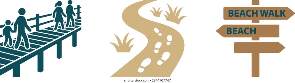 Collection of solid vector icons illustrating walking paths, featuring an elevated wooden boardwalk, a winding footpath with footprints, and a beach walk directional sign.
