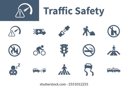 Collection of solid vector icons on the theme of transport, traffic lights, slippery road, car accident, footbridge. Traffic safety icon.