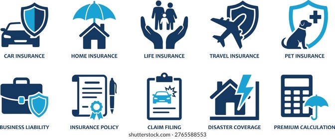 A collection of solid vector icons related to insurance services and financial protection. Features icons for various types of insurance and financial security measures. Ideal for finance and banking projects, websites, and applications
