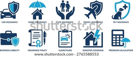 A collection of solid vector icons related to insurance services and financial protection. Features icons for various types of insurance and financial security measures. Ideal for finance and banking projects, websites, and applications