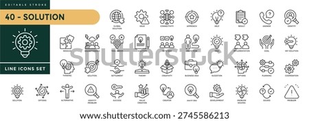 A collection of Solution icons set with editable stroke, including idea, teamwork, success, workflow, strategy problem solving, alternative, resolve. Thin linear vector illustration.