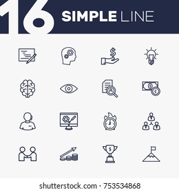 Collection Of Solution, Money Saving, Achievement And Other Elements.  Set Of 16 Startup Outline Icons Set. 