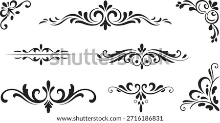 A collection of sophisticated black scroll elements and floral swirl motifs perfect for traditional invitations, headers, and elegant embellishments.